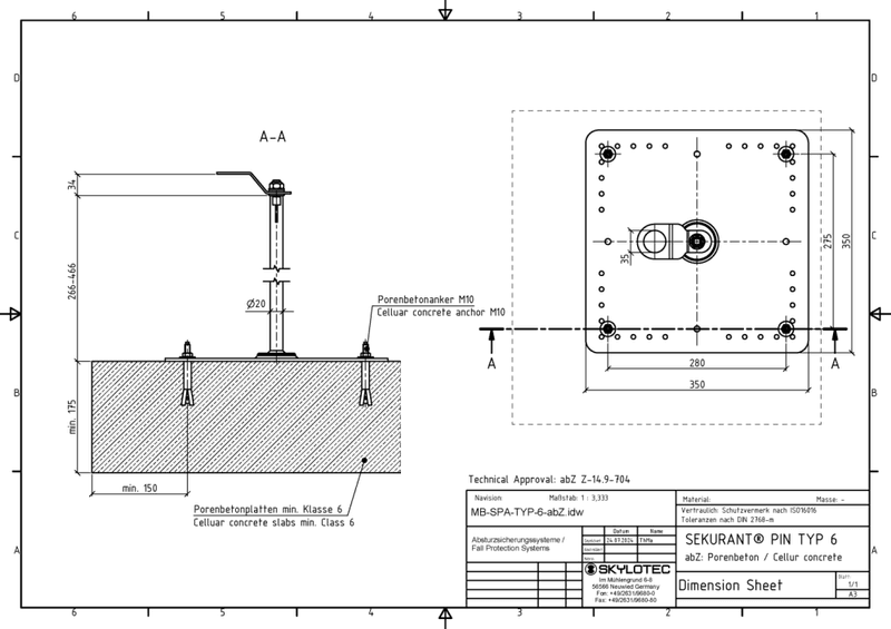 SKYLOTEC SEKURANT PIN TYP 6 festepunkt porebetong 50cm